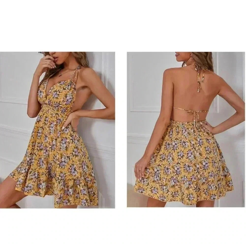 🆕Floral Ruffle-Trim Sleeveless Halter Dress XS🆕